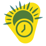 Icône : En arrière-plan, un grand triangle jaune représente un petit morceau de gingembre cartoonisé. On y voit un soleil vert et une horloge, qui symbolisent le matin. 