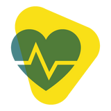 Icône : En arrière-plan, un grand triangle jaune qui représente un morceau de gingembre cartoonisé. On y voit un cœur vert avec une ligne qui le traverse et qui représente un battement de cœur. 