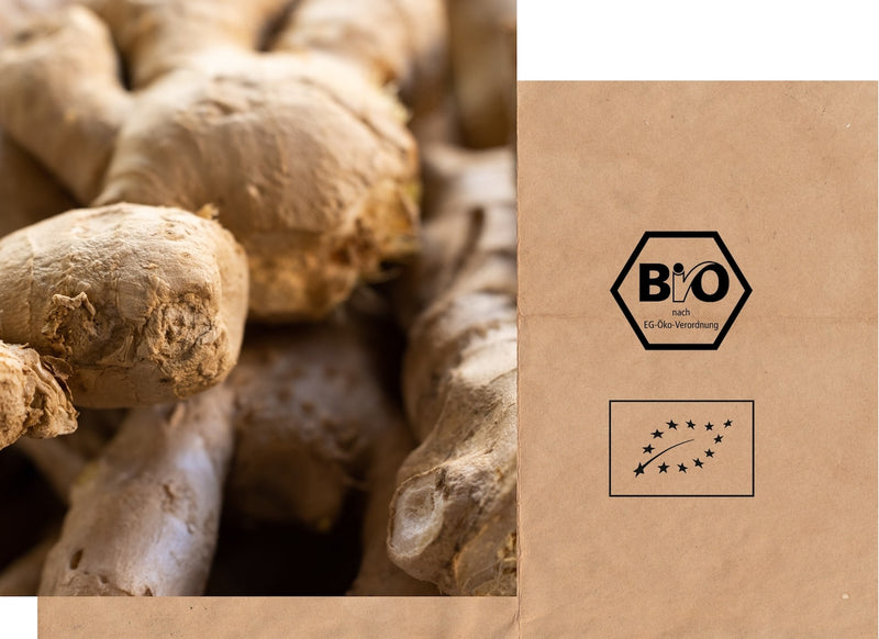 Sustainability organic certification: ginger tubers, next to it an organic sign