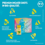 Kloster Kitchen Ingwer Shot Classic Adventskalender: bunte Geschenkbox mit aufgedruckten Türchenzahlen und goldfarbener Glasflasche, Bio-Siegel, Hinweise glutenfrei, laktosefrei, ohne Gentechnik und kein Zuckerzusatz.