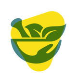 Icon: In the background is a large yellow triangle representing a cartoonised piece of ginger. On it is a green bowl with a mortar with a few leaves peeking out.