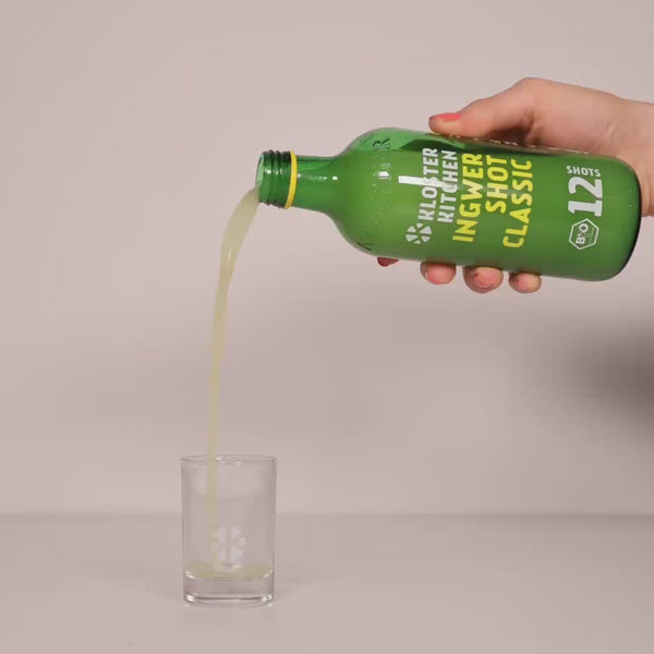 The Ginger Shot Classic in the 360 ml bottle is poured