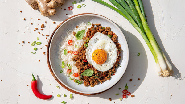 Picadillo de soja picante con albahaca tailandesa, refinado con guindilla, ajo y cebolleta. Servido en una sartén: una receta tailandesa sabrosa, rica en proteínas y vegana, ideal para una comida o cena rápida y saludable.