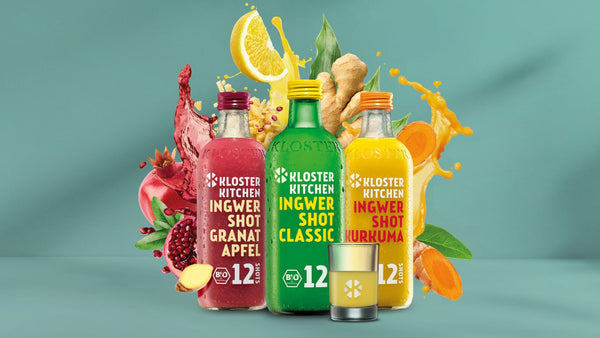 Les nouvelles bouteilles de shot de gingembre de Kloster Kitchen après le relancement du design de la marque.