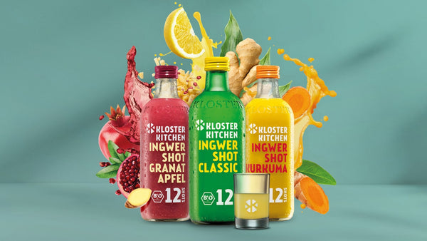 Le nuove bottiglie di ginger shot di Kloster Kitchen dopo il rilancio del design del marchio.