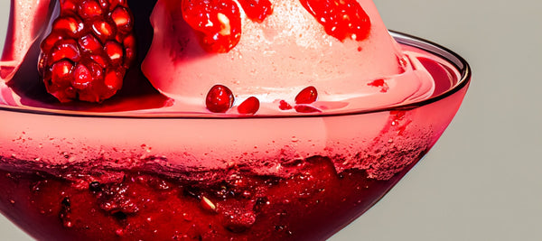 Un primo piano della perla gelata di fragola e melograno. Si può notare il gelato alla fragola semi-fuso e i semi di melograno.