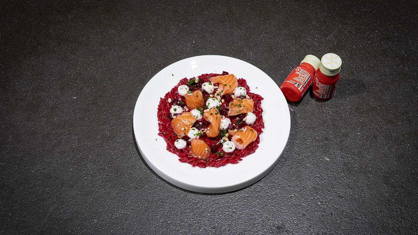 BEET PASTA WITH PICKLED SALMON