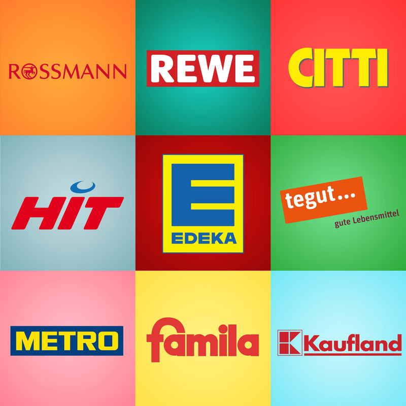 Eine Collage an Logos von Lebensmittelmärkten, in denen man die Produkte der Marke Kloster Kitchen kaufen kann.