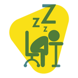 Icon: Im Hintergrund ist ein großes gelbes Dreieck, das ein cartoonisiertes Ingwerstückchen darstellt. Darauf sieht man eine grüne Caroonfigur, die an einem Schreibtisch sitzt und den Kopf auf dem Tisch hat. Darüber sind 3 „Z“, die Schlaf symbolisieren. 