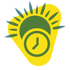 Icon: Im Hintergrund ist ein großes gelbes Dreieck, das ein cartoonisiertes Ingwerstückchen darstellt. Darauf sieht man eine grüne Sonne und eine Uhr, die den Morgen symbolisieren. 