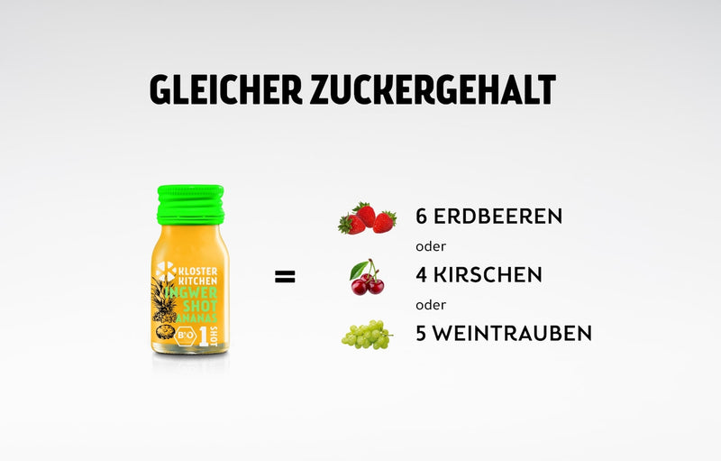 Un bicchierino di zenzero di ananas su un lato, accanto ad esso diversi frutti con lo stesso contenuto di zucchero per confronto: 6 fragole, 4 ciliegie o 5 acini d'uva.