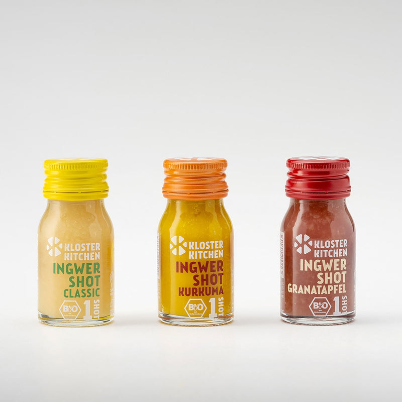 Shot de gingembre de 28 bouteilles 1SHOT de 30 ml : Shot de gingembre classique, shot de gingembre au curcuma et shot de gingembre à la grenade.