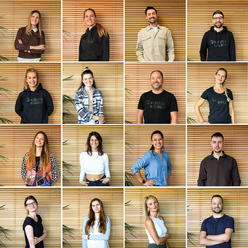 A collage of 4x4 squares, each square features an employee of Kloster Kitchen in front of a wooden background