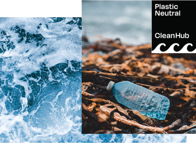 Nachhaltigkeit Clean Hub: Meer sowie eine Plastikflasche an einem Strand, daneben das Logo von Clean Hub.