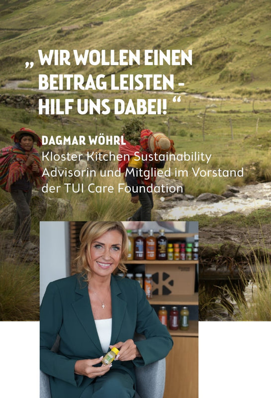 Dagmar Wöhrl und ein Zitat von ihr darüber: "Wir wollen einen Beitrag leisten – hilf uns dabei!"