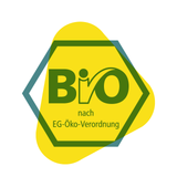 Icon: Im Hintergrund ist ein großes gelbes Dreieck, das ein cartoonisiertes Ingwerstückchen darstellt. Darauf sieht man das Bio-Logo in Grün.