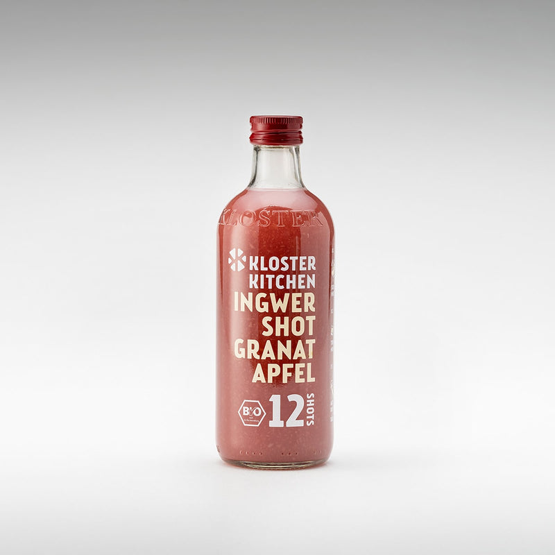 Inhalt der 12SHOTS Ingwer Shot Mix Box: Ingwer Shot Granatapfel in der 360 ml Flasche.