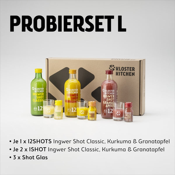 Grafik, die den Inhalt des Ingwer Shot Probierset L zeigt: Je 1x 12SHOTS Ingwer Shot Classic, Kurkuma & Granatapfel, je 7x 1SHOT Ingwer Shot Classic, Kurkuma& Granatapfel, 3x Shot Glas.