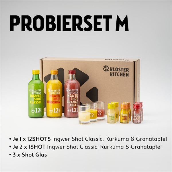 Grafik, die den Inhalt des Ingwer Shot Probierset M zeigt: Je 1x 12SHOTS Ingwer Shot Classic, Kurkuma & Granatapfel, je 2x 1SHOT Ingwer Shot Classic, Kurkuma& Granatapfel, 3x Shot Glas.